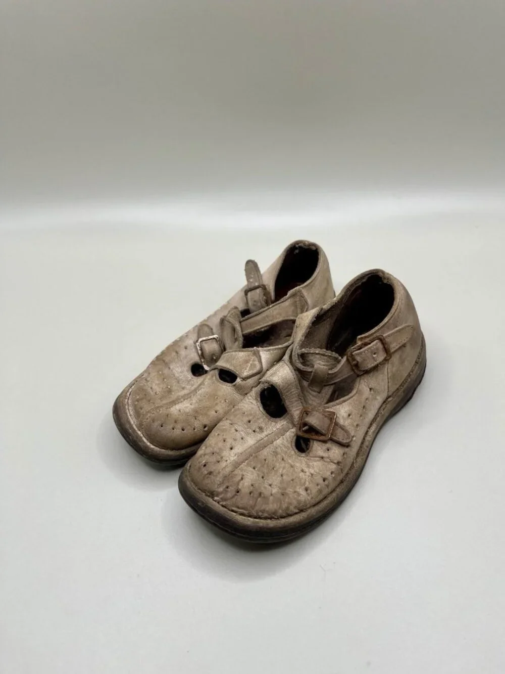 Antique Children’s Leather T-Strap Shoes Double Buckle School C. 1915-1935